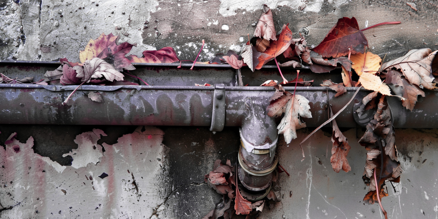 background image of leaves and debris clogging a gutter in need of cleaning