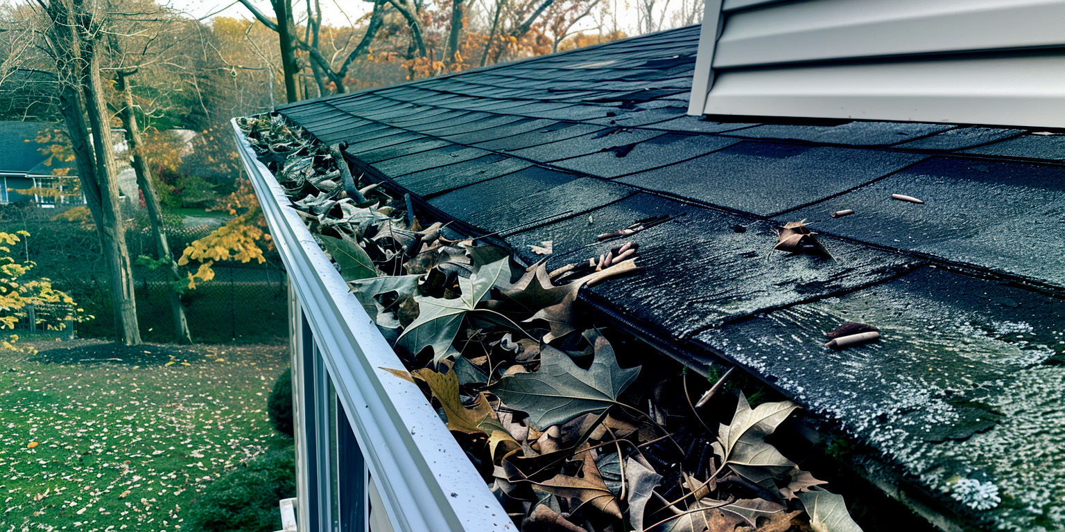 photograph of gutters clogged with leaves