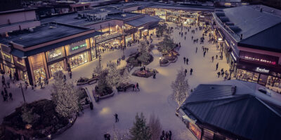 aerial photo of a bustling shopping center